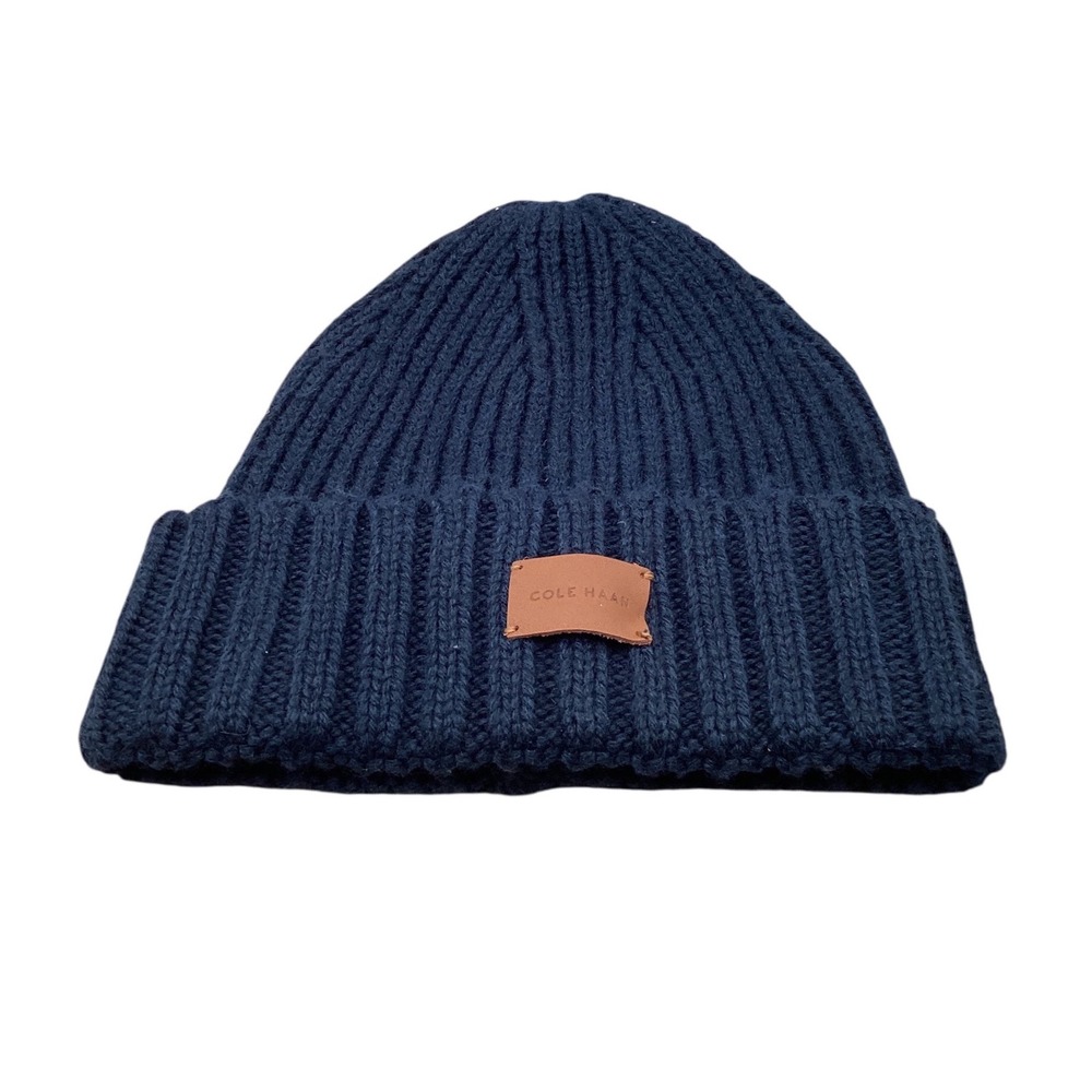 Cole Haan Navy Blue Ribbed Knit Beanie Hat Leather Logo Patch Recycled Blend